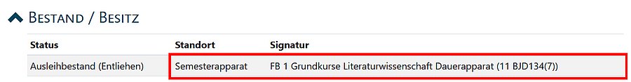 Screenshot von der Anzeige eines Semesterapparates im Katalog plus